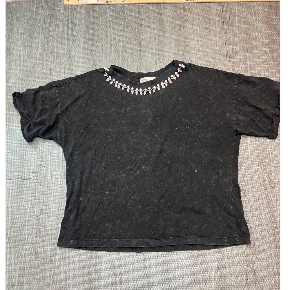 Intempo Womens Acid Wash Rhinestone Embellished Boxy T-Shirt Charcoal Gray M